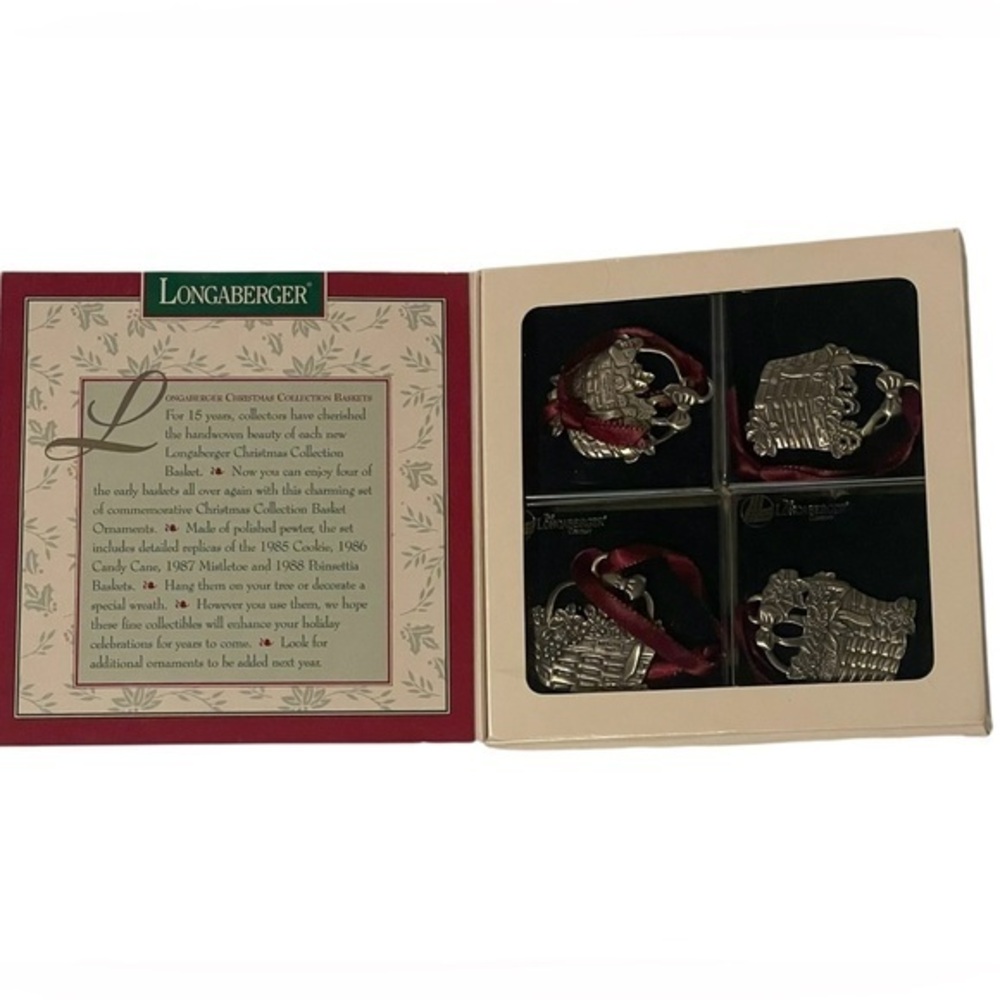 1995 Longaberger Basket Christmas Ornaments Pewter Set of 4 1985 - 1988 Holiday